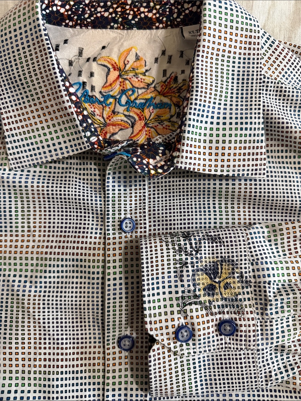 Robert Graham Button Down Shirt Flip Cuff Embroidered Rainbow Geometric Size XLT